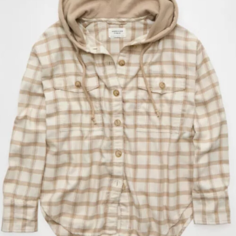 AE Plaid Hooded Button-Up Shirt